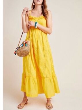 Anthropologie Maeve Yellow Cotton Spaghetti Strap Arcadia Maxi Dress Sz 6